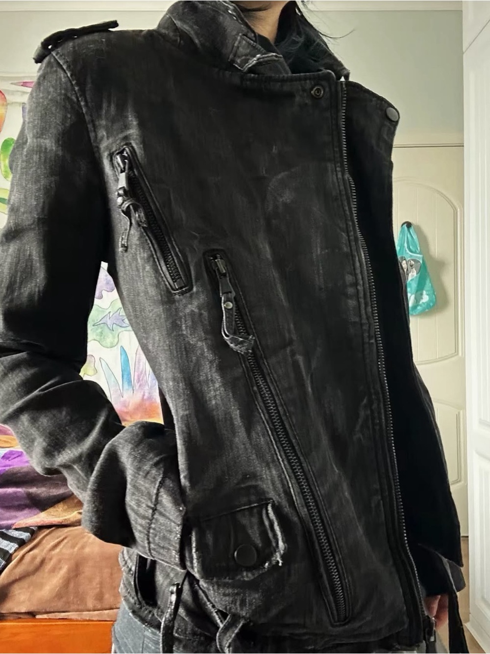 Men's Washed Black Moto Jacket - Classic Asymmetric Zip